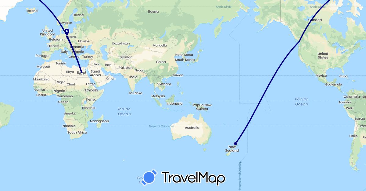 TravelMap itinerary: driving in Canada, Egypt, New Zealand, Poland (Africa, Europe, North America, Oceania)